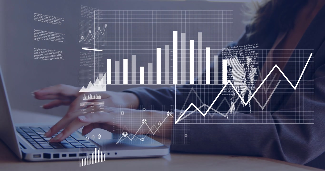 Professional typing on laptop while animating bar graphs line charts world map for business insight