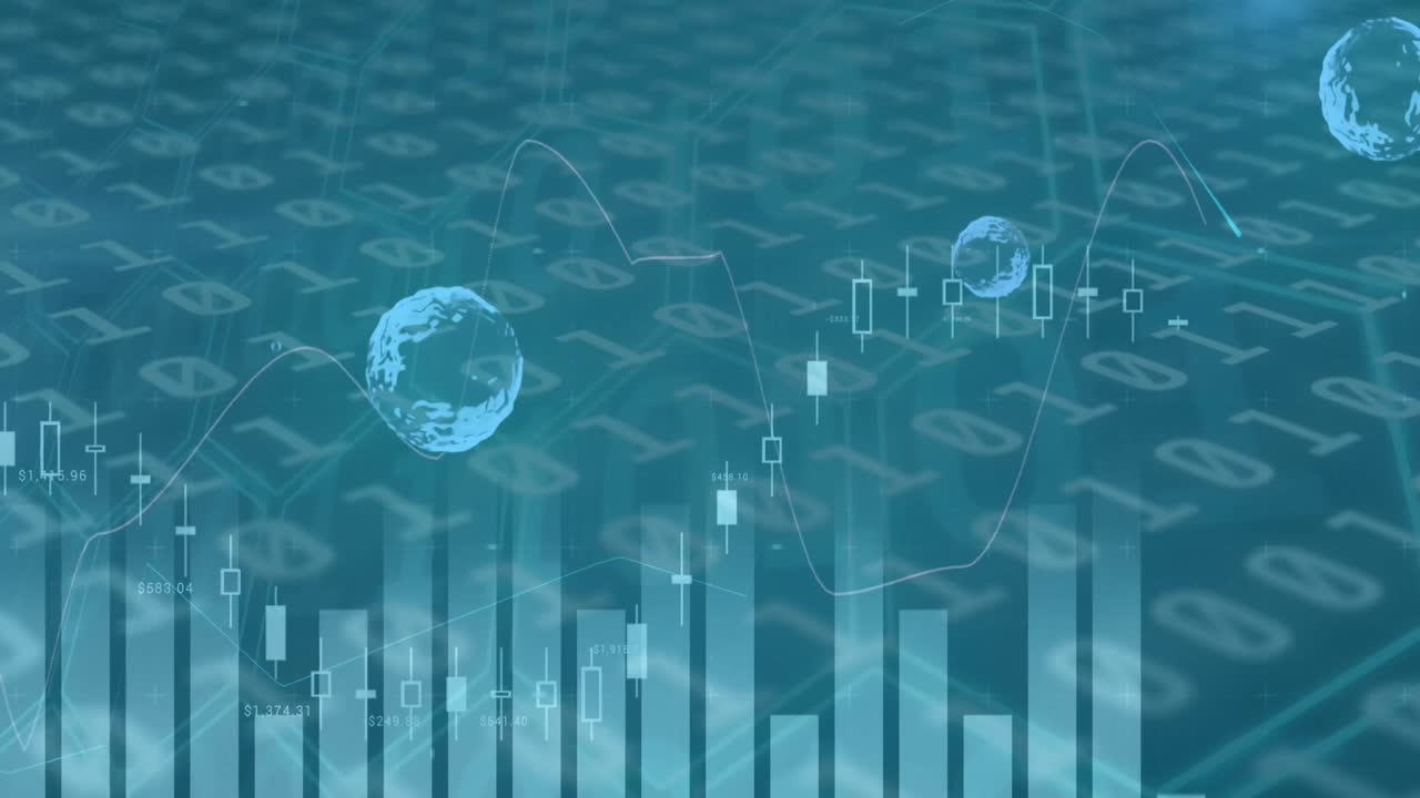 Animation of multiple graphs over globes against binary codes on blue background