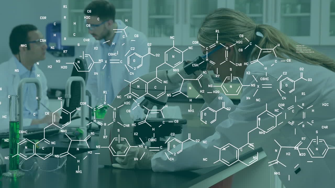 Animation of chemical structures over caucasian female scientist using microscope at laboratory