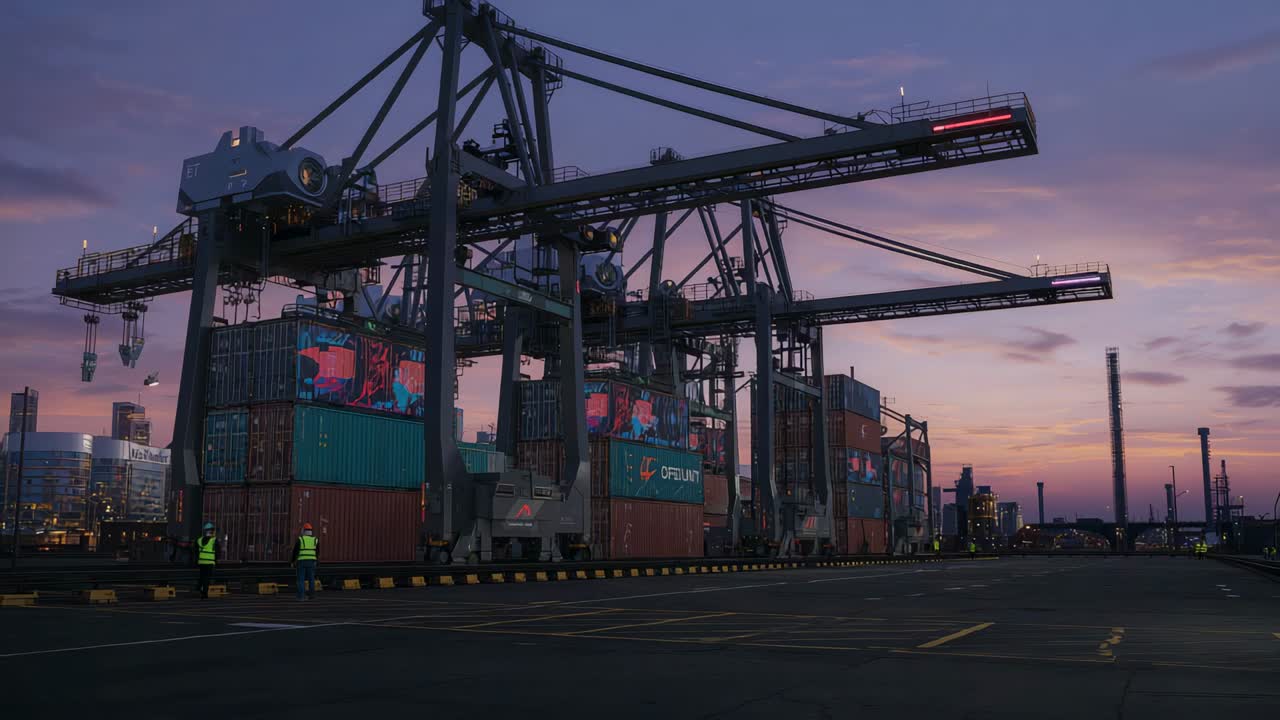 Responding to dusk, dock workers in hi-vis vests walking and moving along quay, with cranes lit