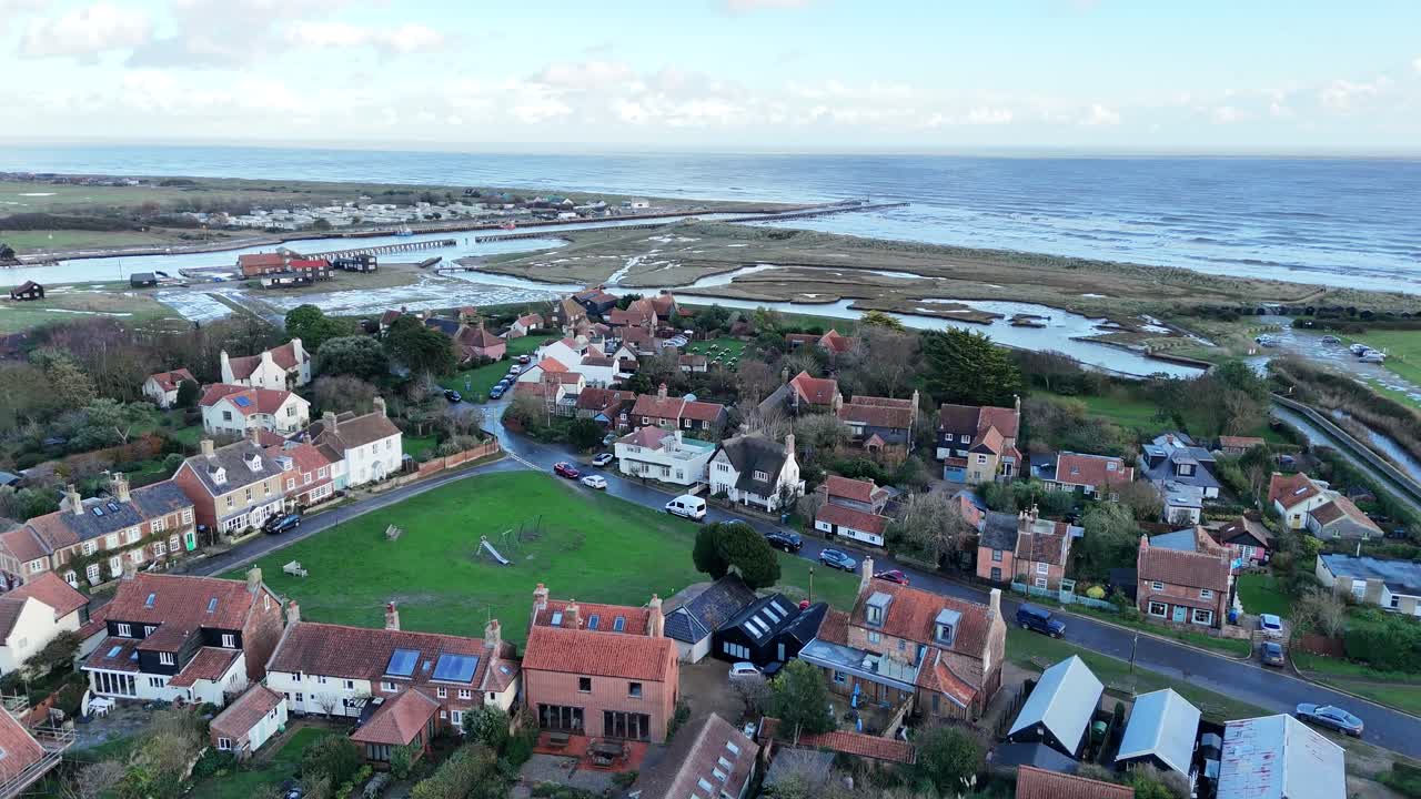 Walberswick Village Suffolk UK drone aerial beach and sand dunes