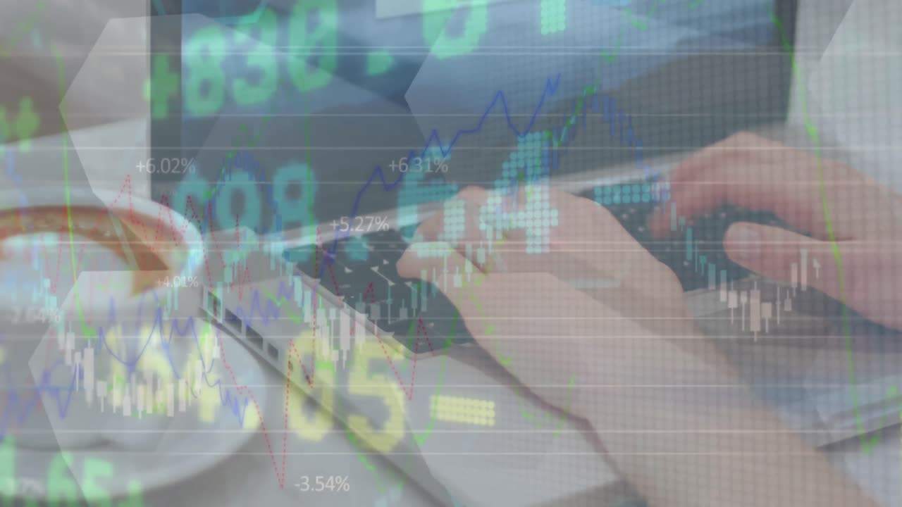 Animation of financial data processing over woman using laptop