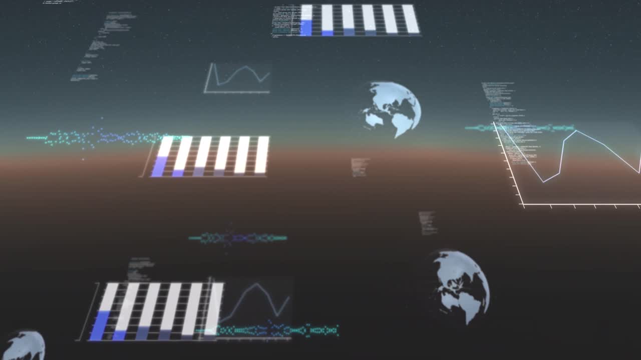 Animation of data processing, globes spinning and statistics recording on gradient background