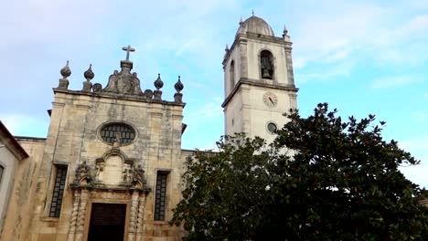 Panoramic-view-of-the-exterior-of-the-white-Cathedral-of-Aveiro,-Solomonic-columns-behind-a-tree