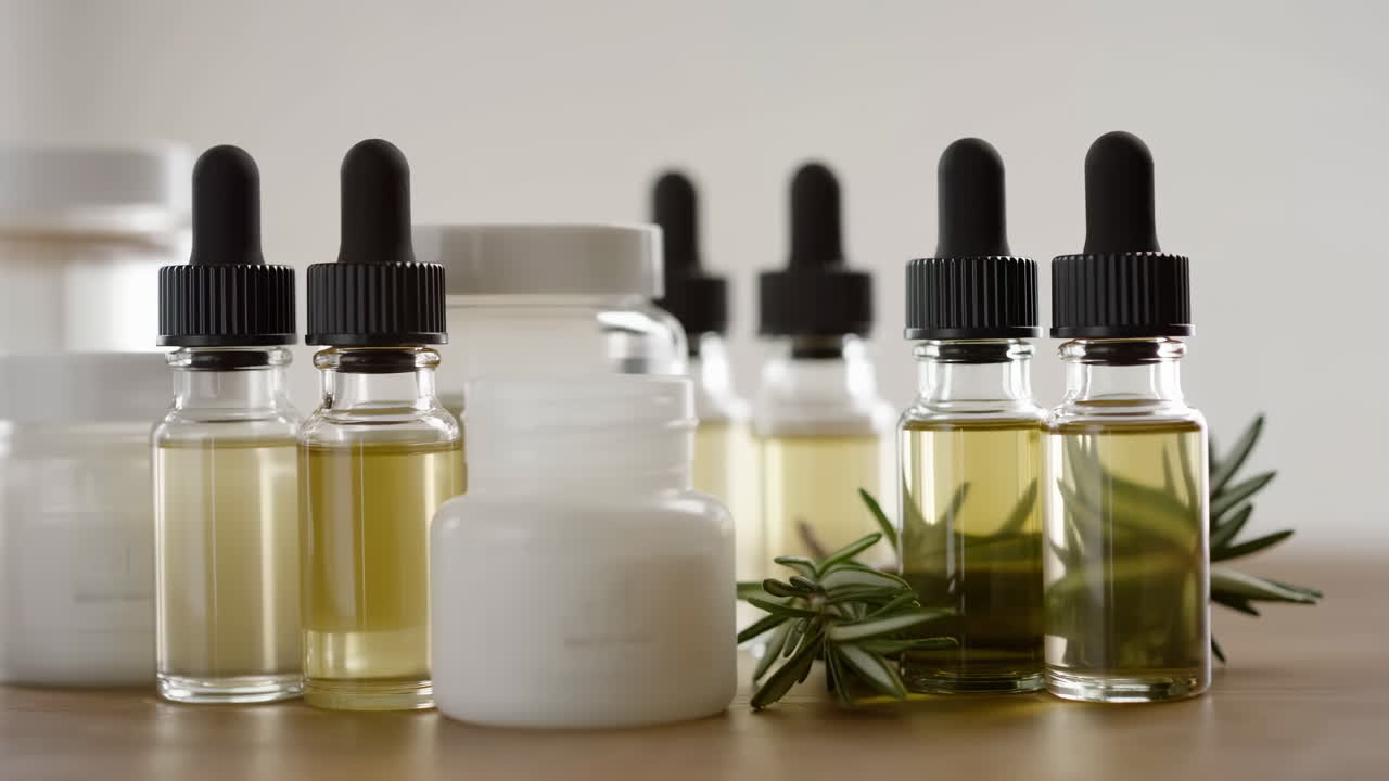 Samling af naturlige Essential olier og hudplejeprodukter med rosmarin