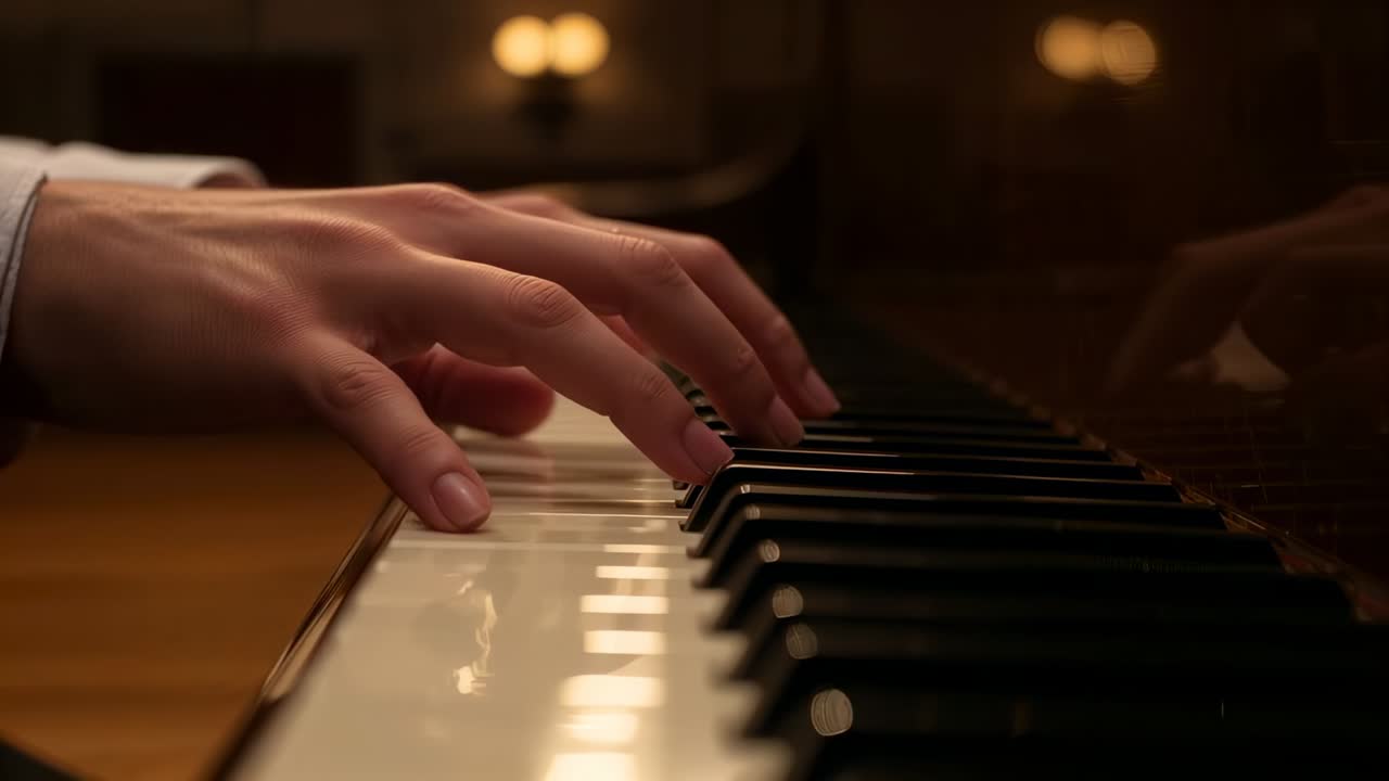 Playing pianist's poised hands moving across piano keyboard in parlor, with shirt cuff, lamp glow