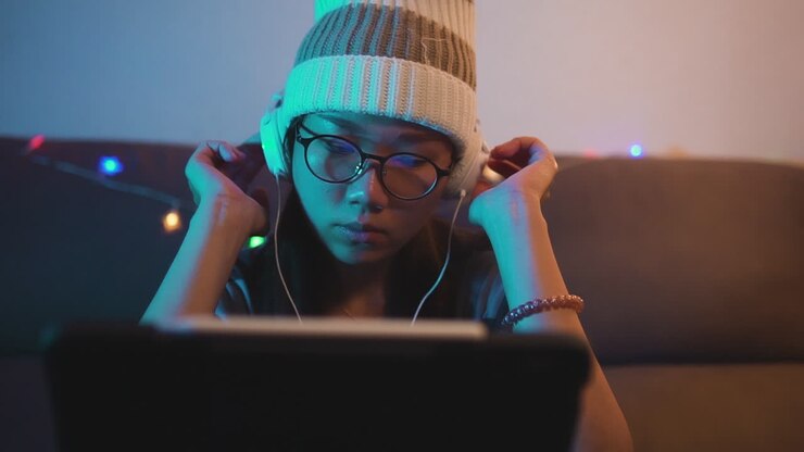 Giovane donna asiatica che ascolta musica con le cuffie e un laptop