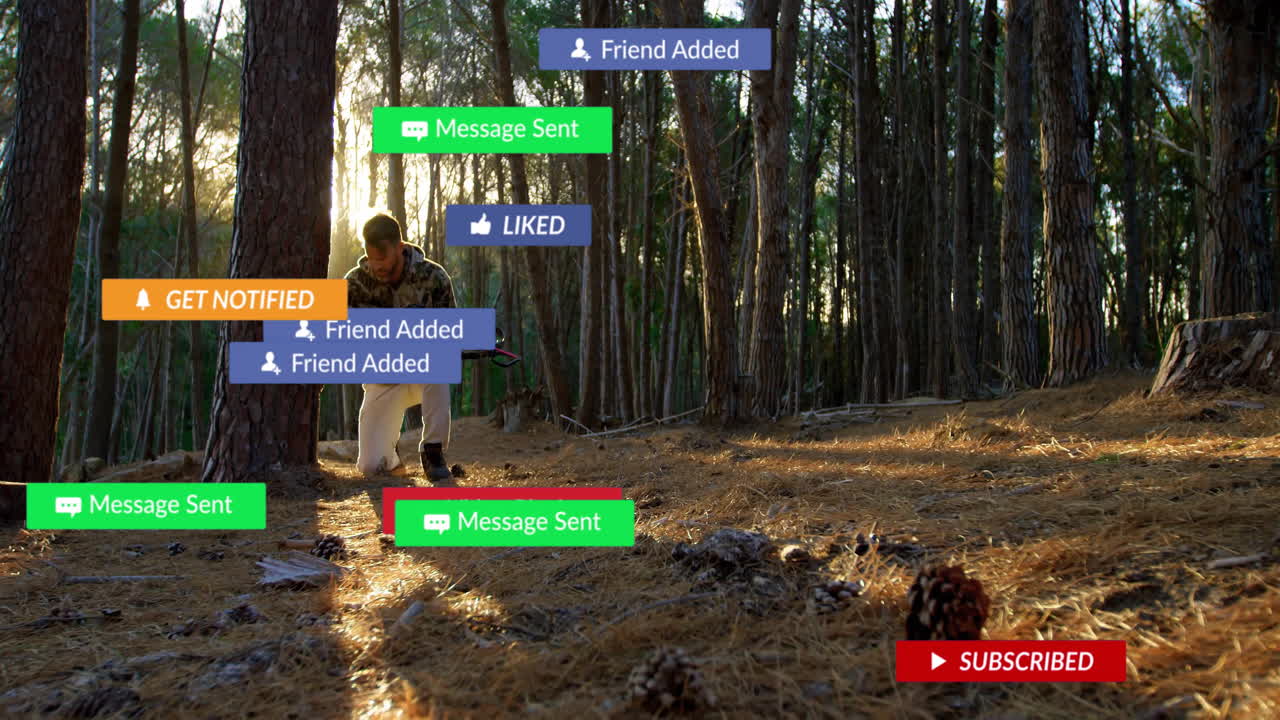 In forest, person receiving social media notifications overlayed with animation effects