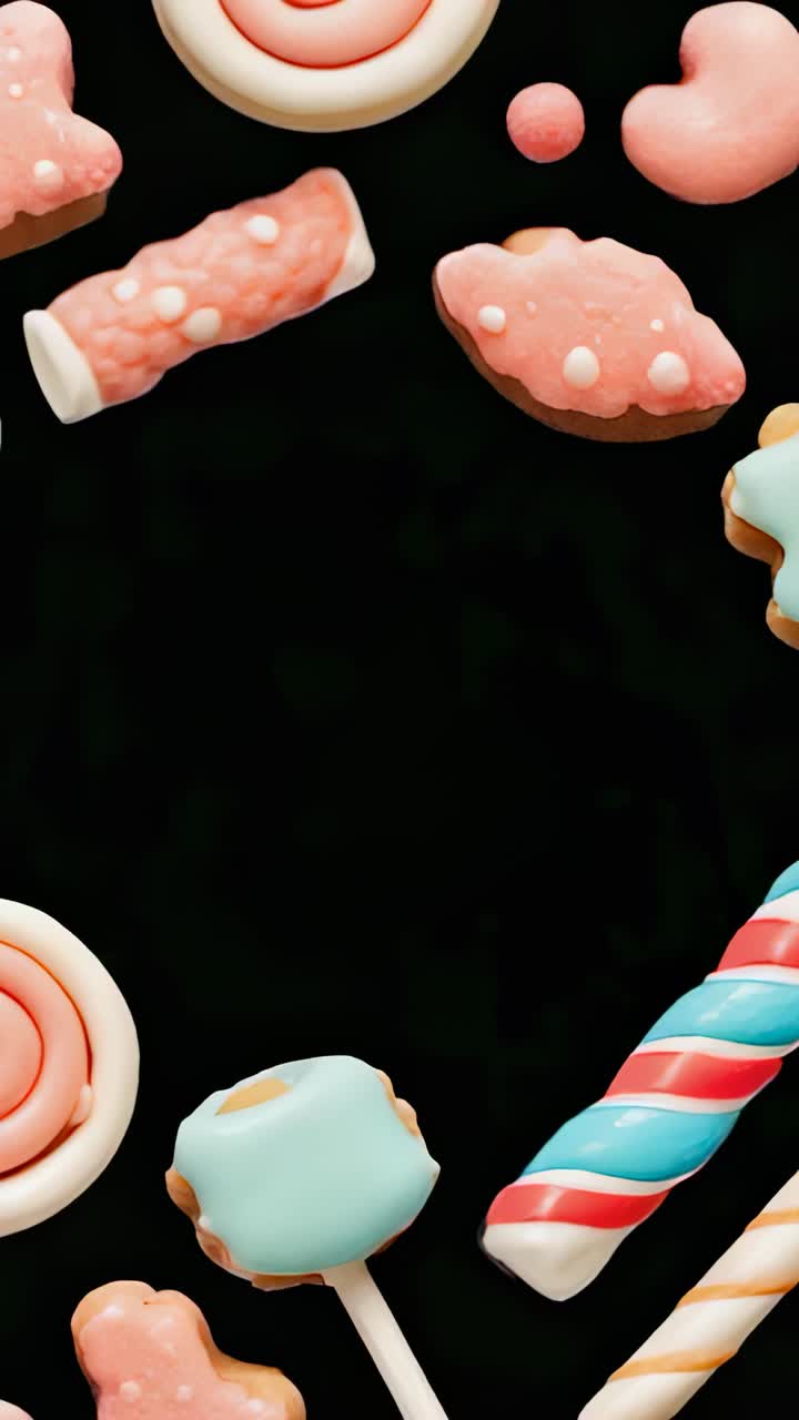 Vertical video: Pastel candy shapes drifting downward to exit black void with frames transitioning