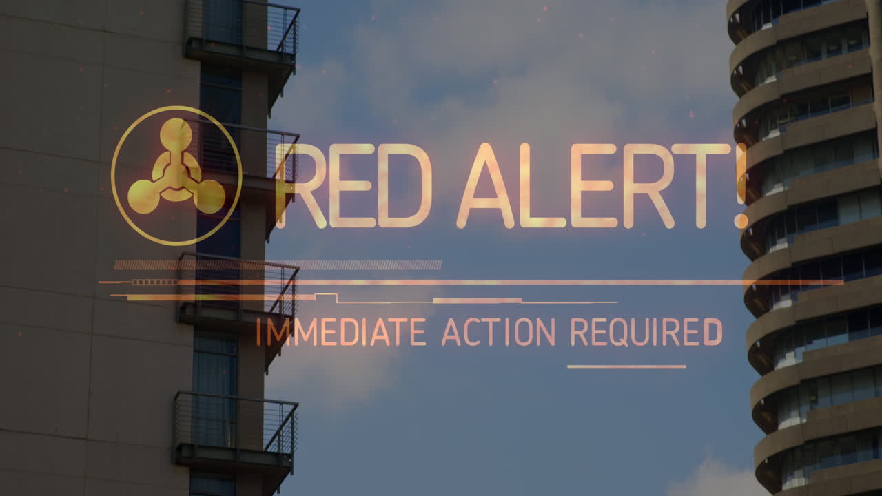Animation of red alert text over cityscape