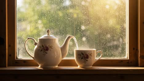 cozy tea time by a rainy window