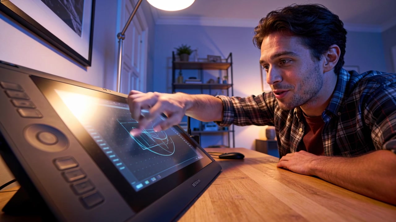Leaning flannel designer hovering finger, dragging tablet in studio, editing 3D model, copy space