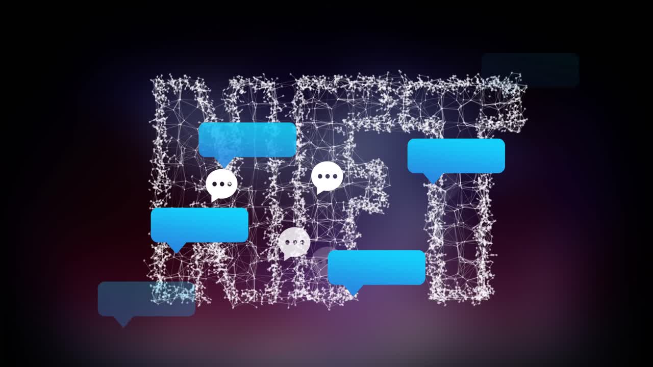 Animation of message boxes and notification boxes over dots forming nft text on abstract background
