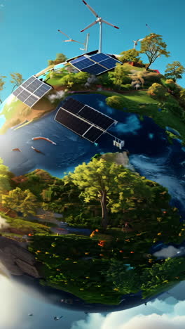 a planet with a tree on it and a hot air balloon flying over it. the hot air balloon is orange and yellow