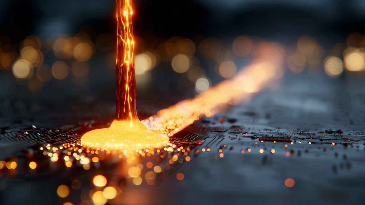 An Enchanting Flow of Liquid Light: Capturing the Intricacies of a Melting Substance Creating a Glowing Stream on a Circuit Board Surface in Two Captivating Frames