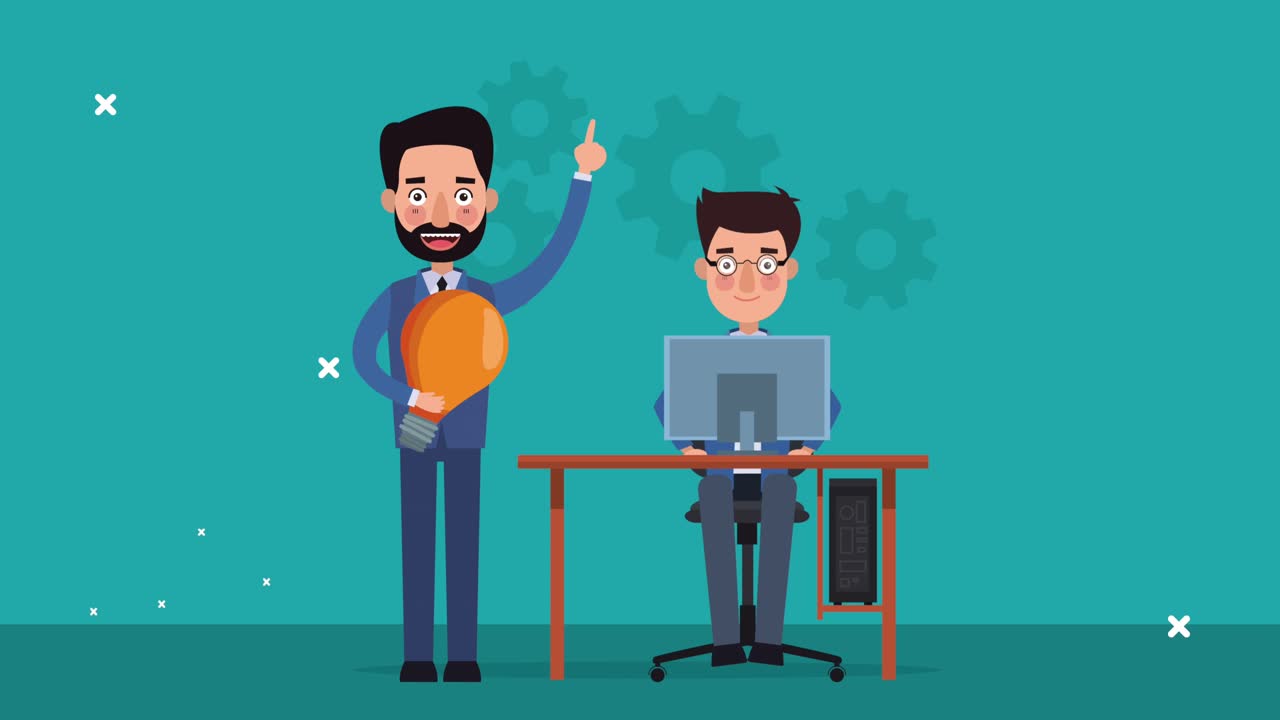 successful businessmen team in the office with bulb working in desktop