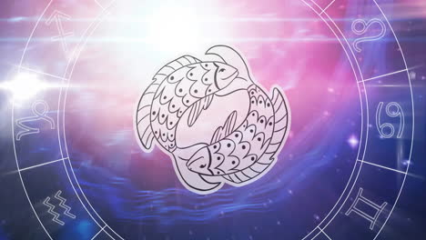 animation of pisces star sign over zodiac wheel and sky