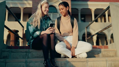 Funny,-friends-and-reading-phone-on-college