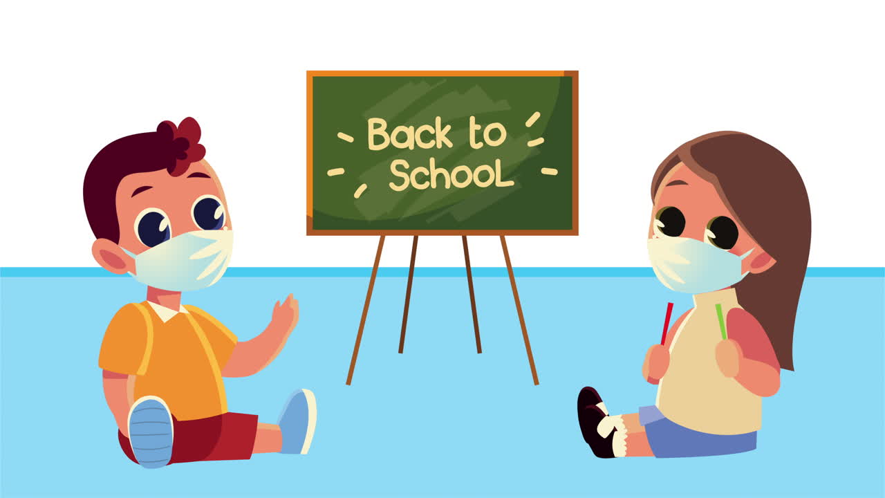 작은 학생, 아이, 커플이 차크보드와 함께 의료 마스크를 착용하고 있습니다.