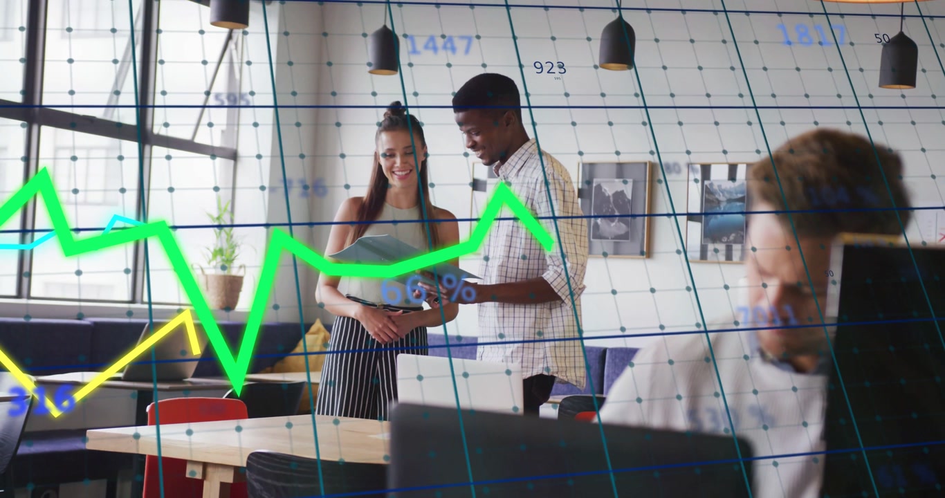 Man pointing to folders, standing pair reviewing documents for report while graphs overlaying scene
