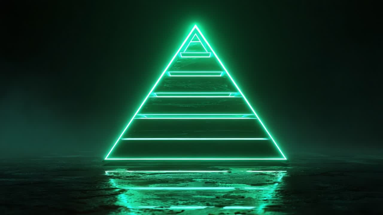 A captivating neon pyramid illuminated against a dark backdrop, showcasing a striking geometric design with vibrant green lines. The reflection adds depth, creating an otherworldly ambiance