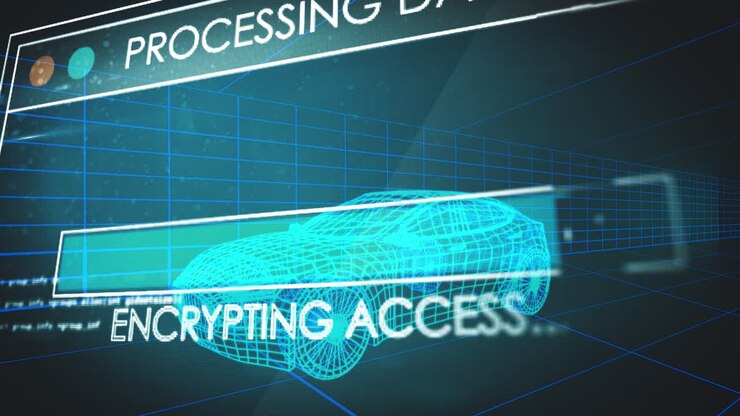 Animation of multiple text and loading bars over computer language against 3d model of car
