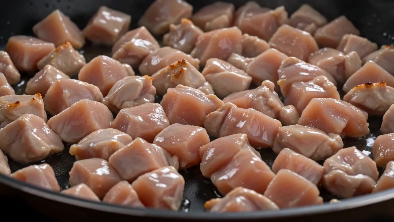 Vista ravvicinata obliqua e bassa di numerosi pezzi di pollo a cubetti che cuociono in una padella antiaderente scura, con umidità lucida, bordi dorati, calore che sale e superfici texturizzate durante la preparazione di un pasto saporito.