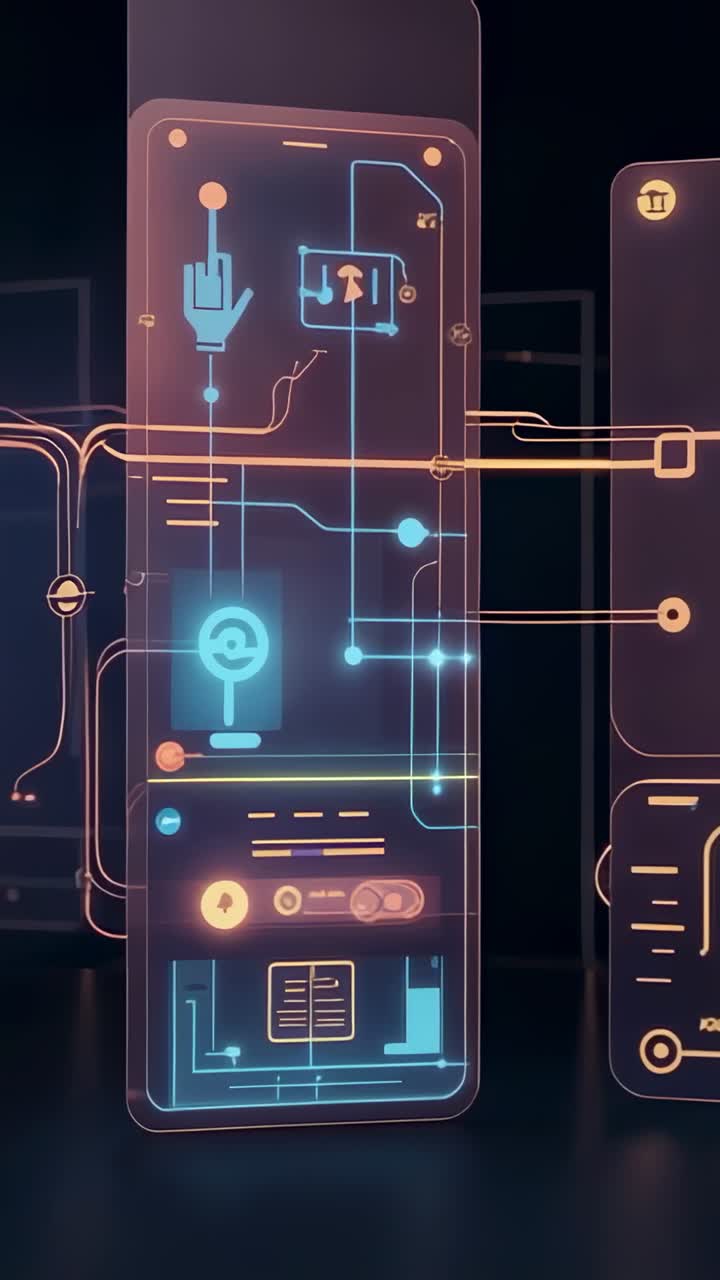Vertical video: Demo starting holo phone interface appearing in dark demo, with neon lines pulsing