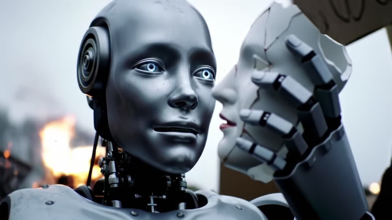 A Futuristic Dystopia: A Robot Holding a Broken Facade Engages in a Thought-Provoking Reflection on Identity and Humanity Amidst Chaos
