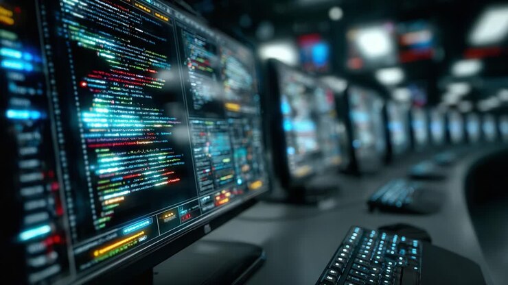 A High-Tech Control Center with Multiple Monitors Displaying Colorful Code and Data Analysis for Advanced Software Development and Cybersecurity Tasks