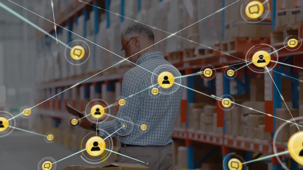 Network of profile icons over caucasian male supervisor with clipboard checking stock at warehouse