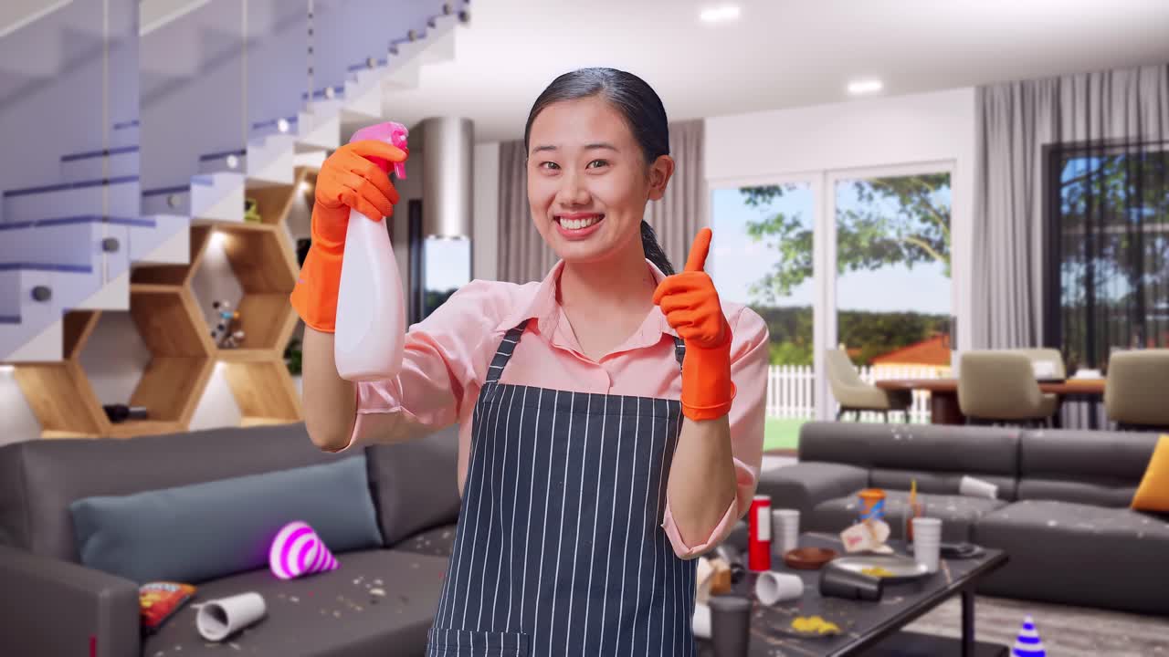 Happy Woman Showing Thumb Up After Cleaning a Messy House