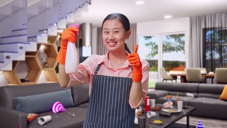 happy woman showing thumb up after cleaning a messy house