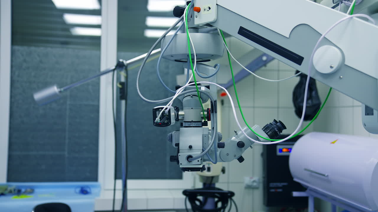 Ophthalmology operation room with equipment. Close up view of ophthalmology operation microscope