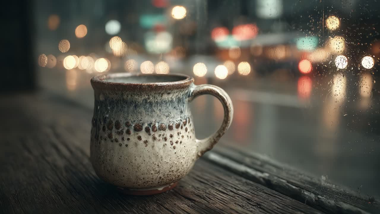 Un momento accogliente con il caffè: goditi una tazza calda vicino alla finestra piovosa mentre le luci della città si riflettono sul vetro in un'atmosfera serena e invitante