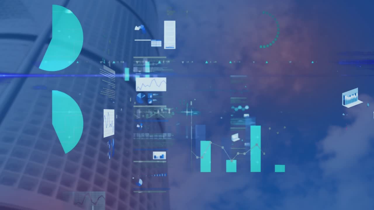 animazione dell'elaborazione dei dati statistici rispetto alla vista ad angolo basso di un edificio alto