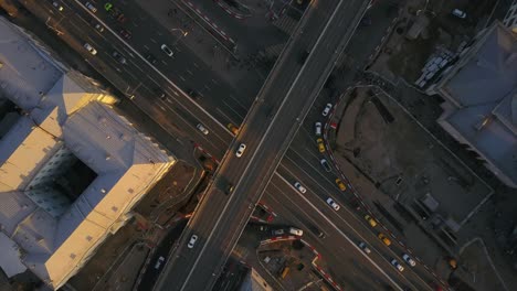 russia sunset time moscow city traffic road junction garden ring aerial down panorama 4k