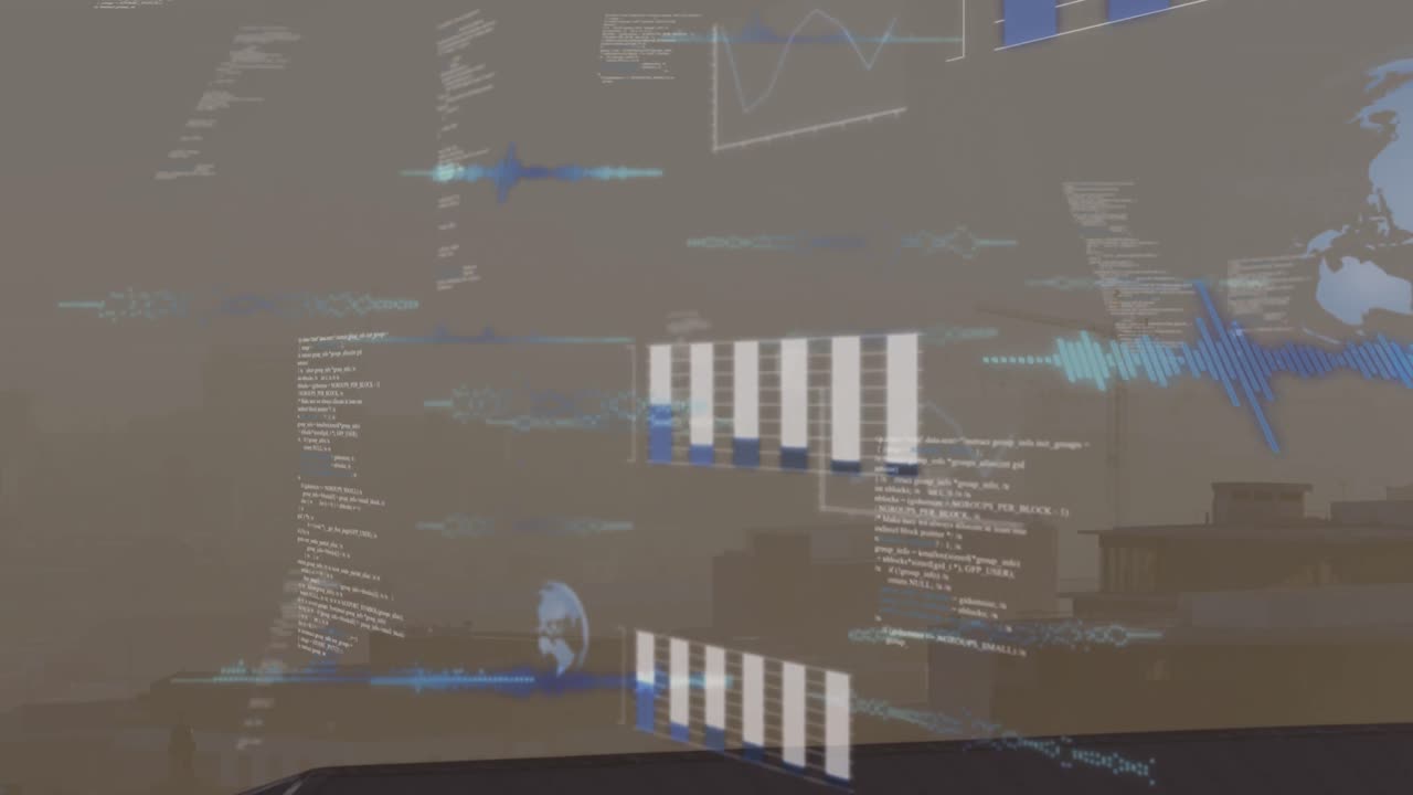 Animation of data processing and globe over cityscape