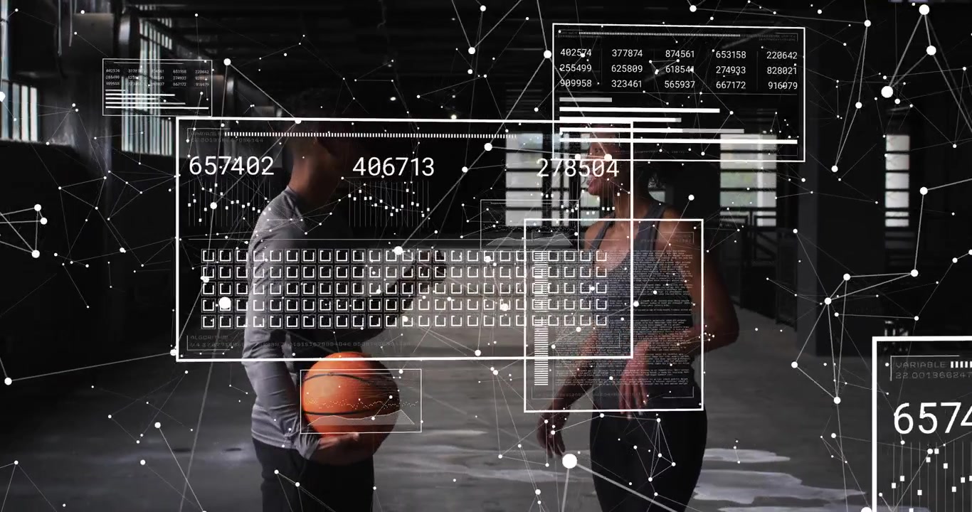 Man handing basketball to woman, HUD panels tracking ball and updating sports analytics in training