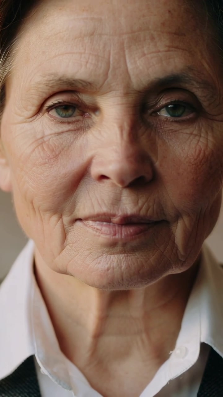 Vertical video: Recording senior woman blinking after small eye narrowing in portrait, white collar