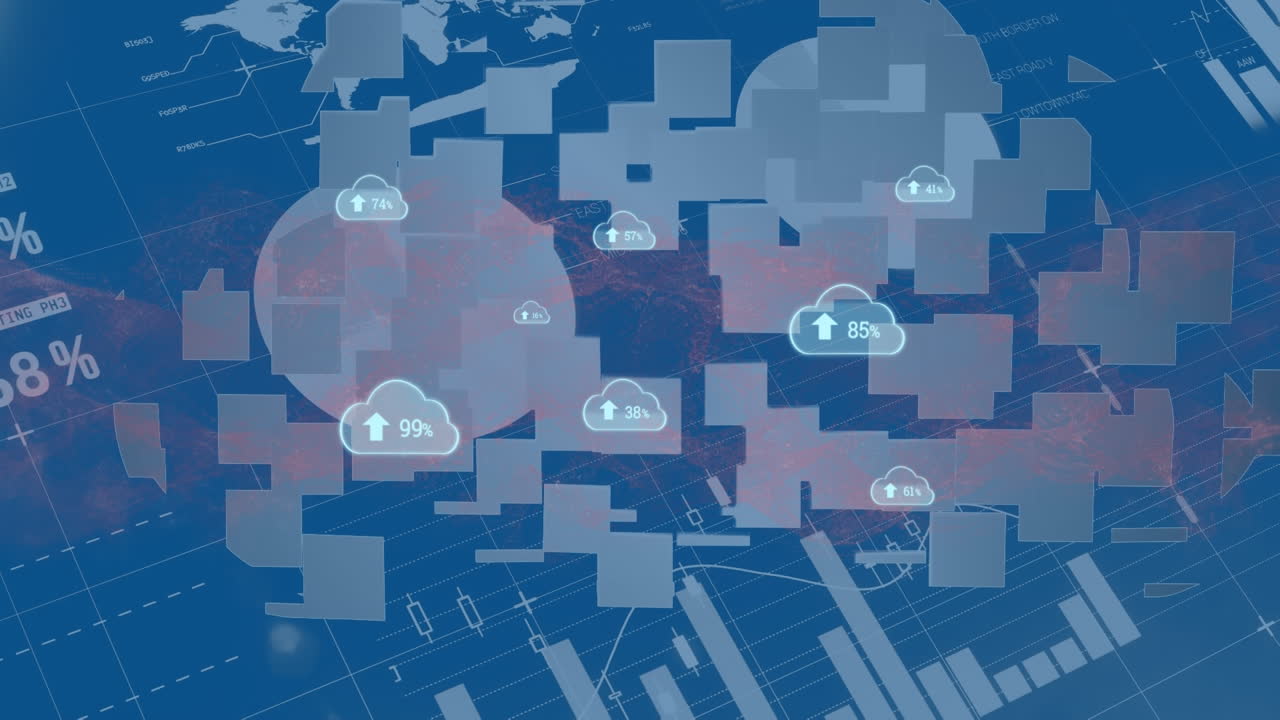 Animation of clouds with numbers over graphs and data on blue background
