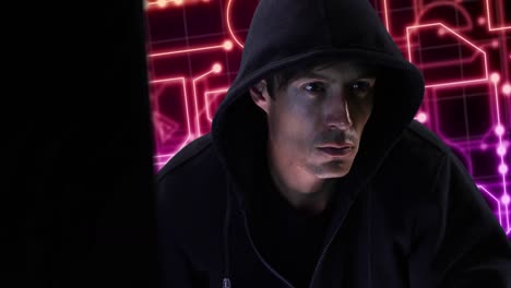 animation of caucasian male hacker and data processing over circuit board