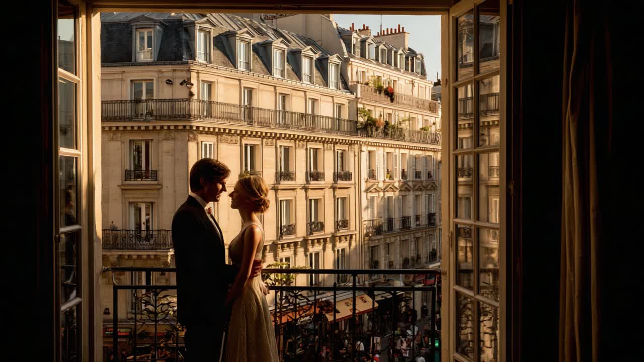 Um abraço romântico ao pôr do sol: capturando a conexão íntima de um casal com vista para uma agitada rua parisiense da sacada de seu apartamento