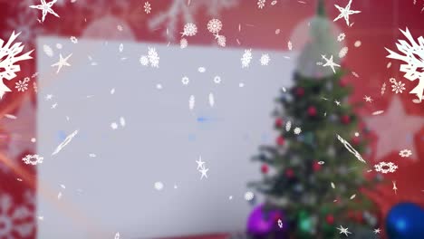animación de nieve cayendo sobre el árbol de navidad sobre fondo rojo