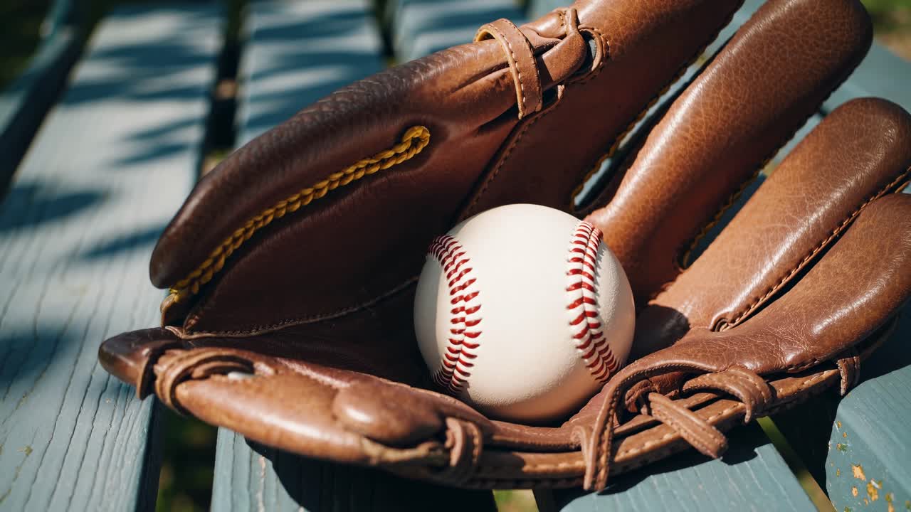 Close-up of a baseball nestled in a glove on a wooden bench, captured from a low angle