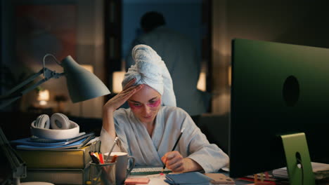 Bathrobe-woman-cant-work-remote-workplace.-Man-silhouette-dancing-at-evening