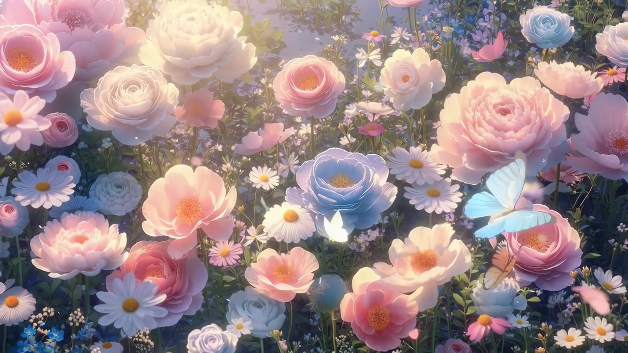 咲き誇る花々と蝶々がいる美しい庭園