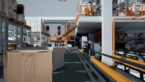 close up de la caja de embalaje en la cinta transportadora, renderización 3d. transmisión de bucle de cajas de cartón en un almacén de distribución inteligente a gran escala, línea de producción