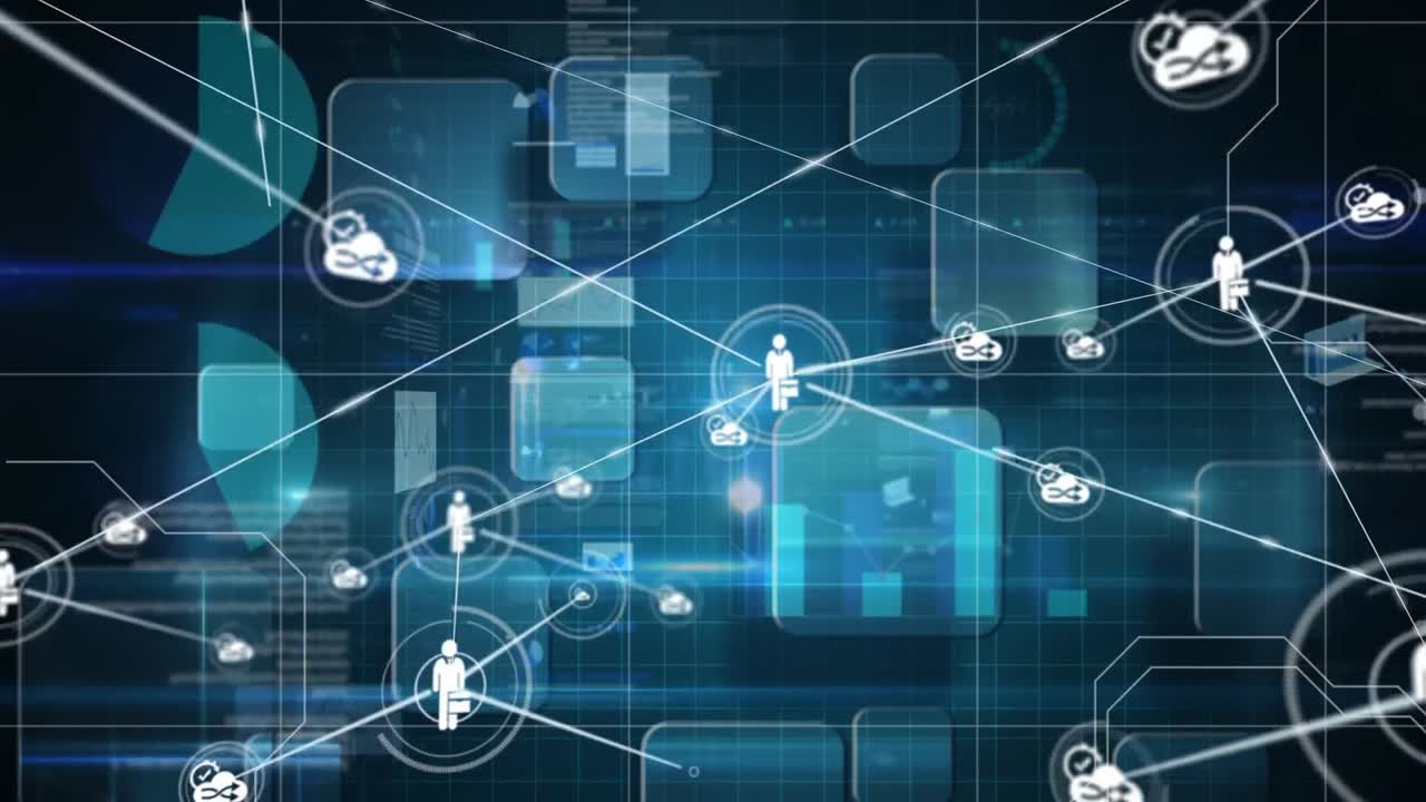 Animation of people icons connected with data and information moving over a grid
