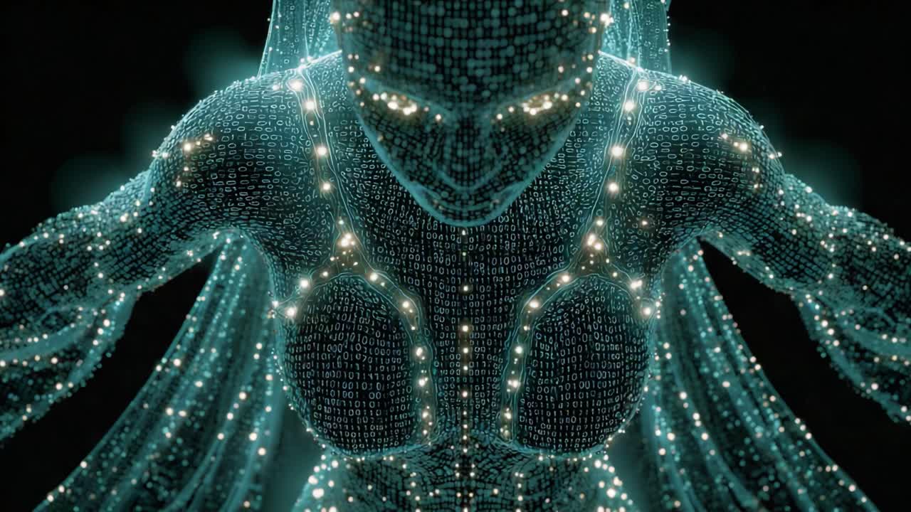 Luminous artificial intelligence with a human like form materializing from a digital grid, representing concepts of advanced technology, virtual reality, and the creation of a digital soul